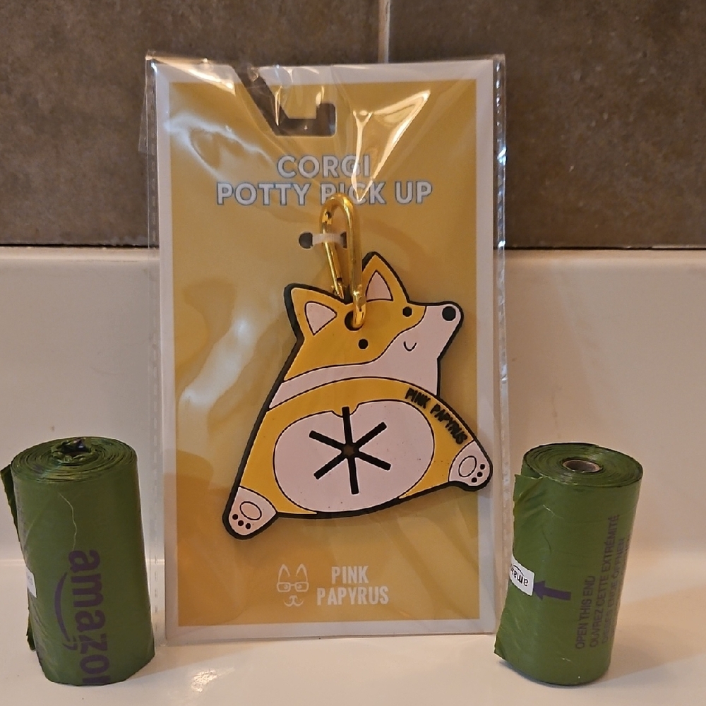 Pink Papyrus Corgi Potty Pick Up Keychain, 2 Scented Rolls Of Doggie Waste Bags